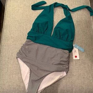 Cupshe medium - one piece, halter style swim suit.  Black, white, teal - ruching